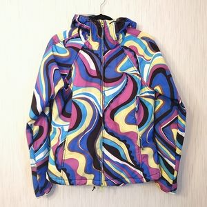 Athleta Limited glacier softshell fleece jacket in retro pattern zip Medium EUC